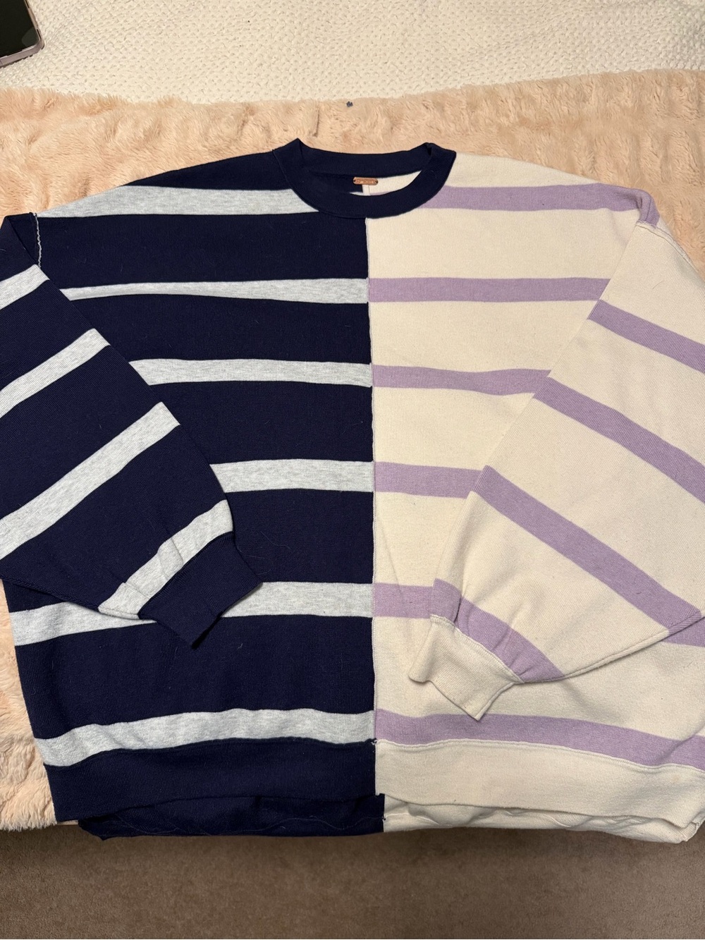 Free People Half-and-Half Striped Crewneck Sweater in Navy, Cream & Lavender